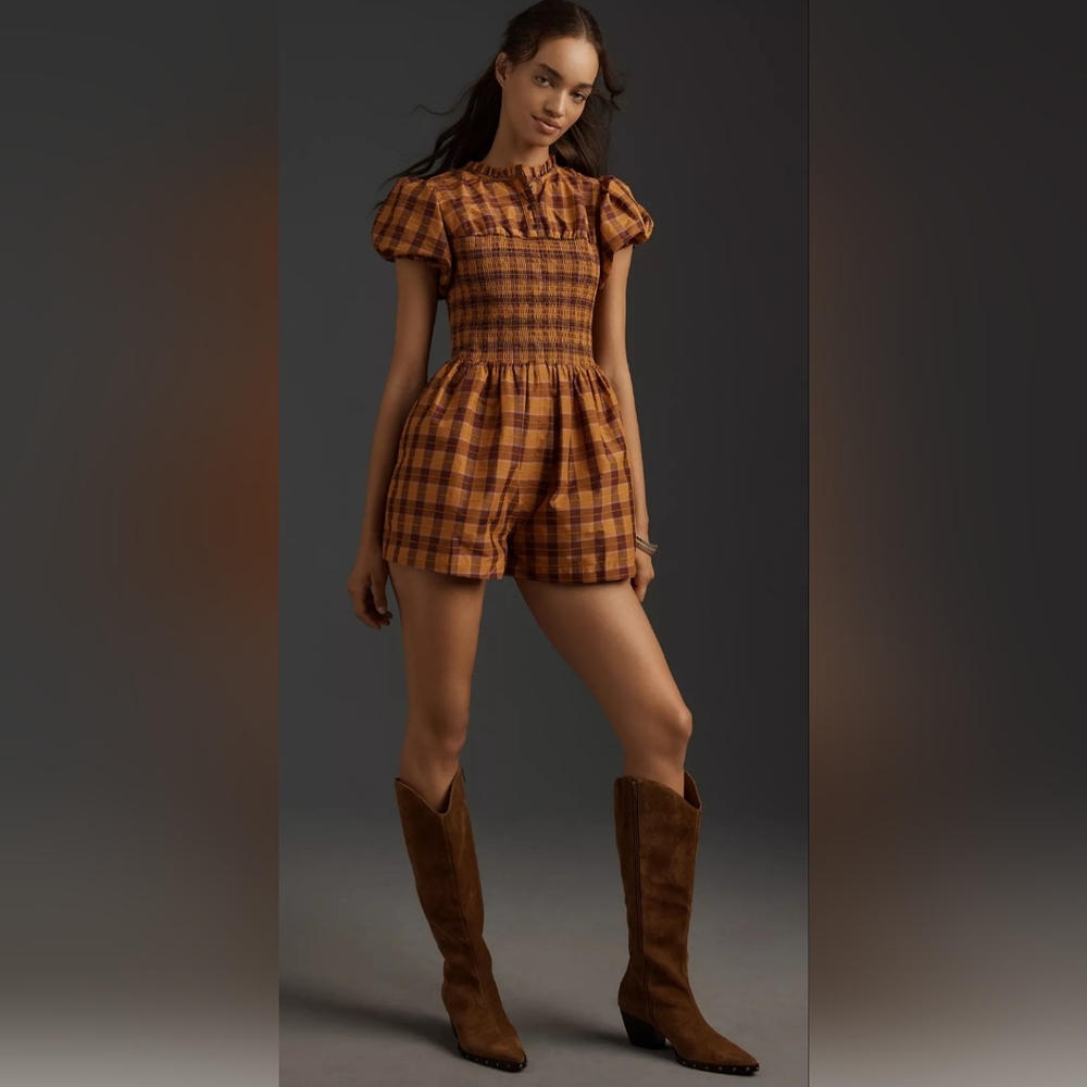 Anthropologie Plaid Jumpsuit in Brown and Tan